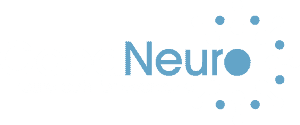 A blue logo for Good Neuro with dots and a circle in the middle and the word GoodNeuro written together with a tagline