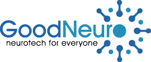 A blue logo for Good Neuro with dots and a circle in the middle and the word GoodNeuro written together with a tagline