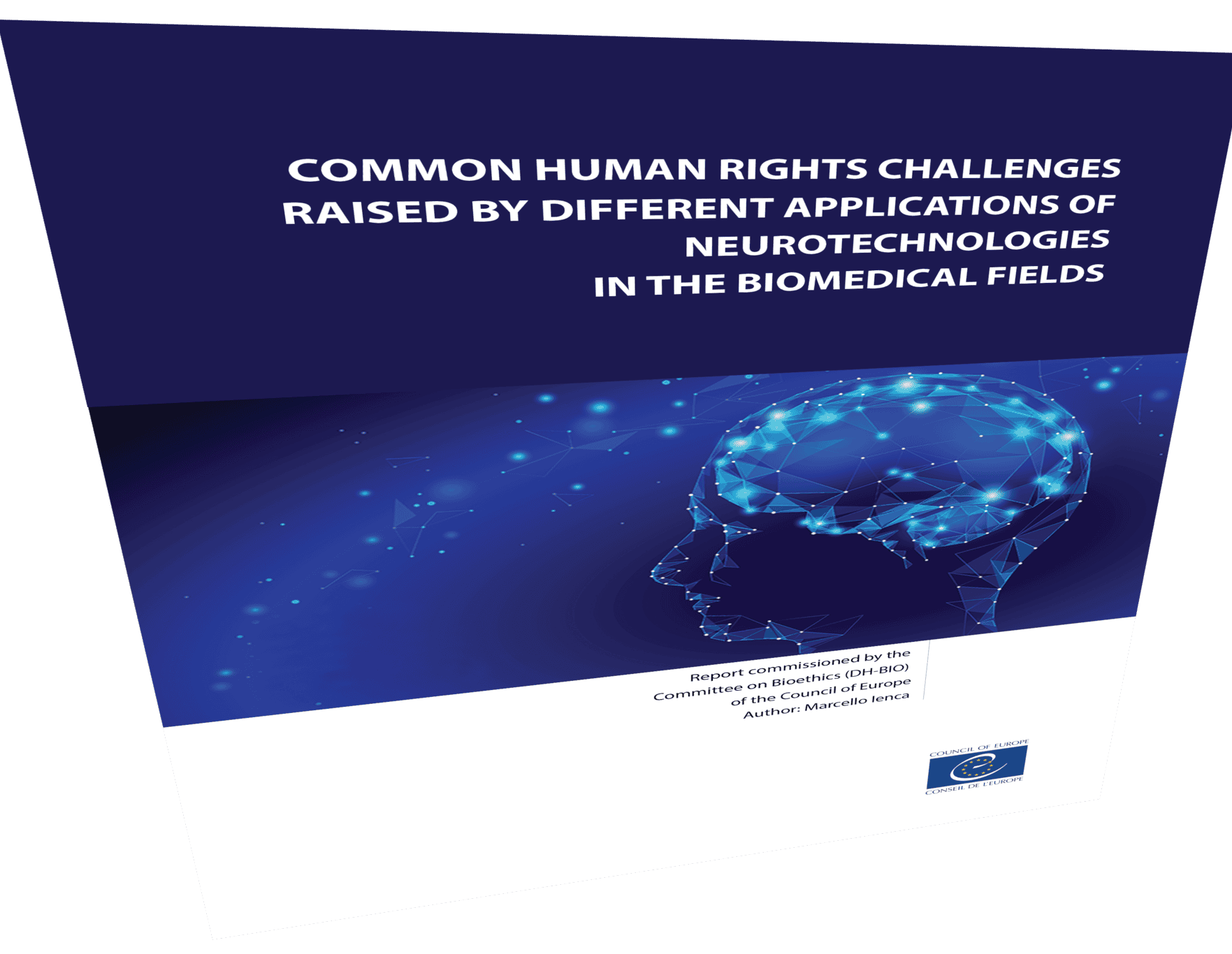 A document with a blue and white cover titled "Common Human Rights Challenges Raised by Different Applications of Neurotechnologies in the Biomedical Fields," featuring a stylized image of a human head with neural connections. The report is commissioned by the Council of Europe.